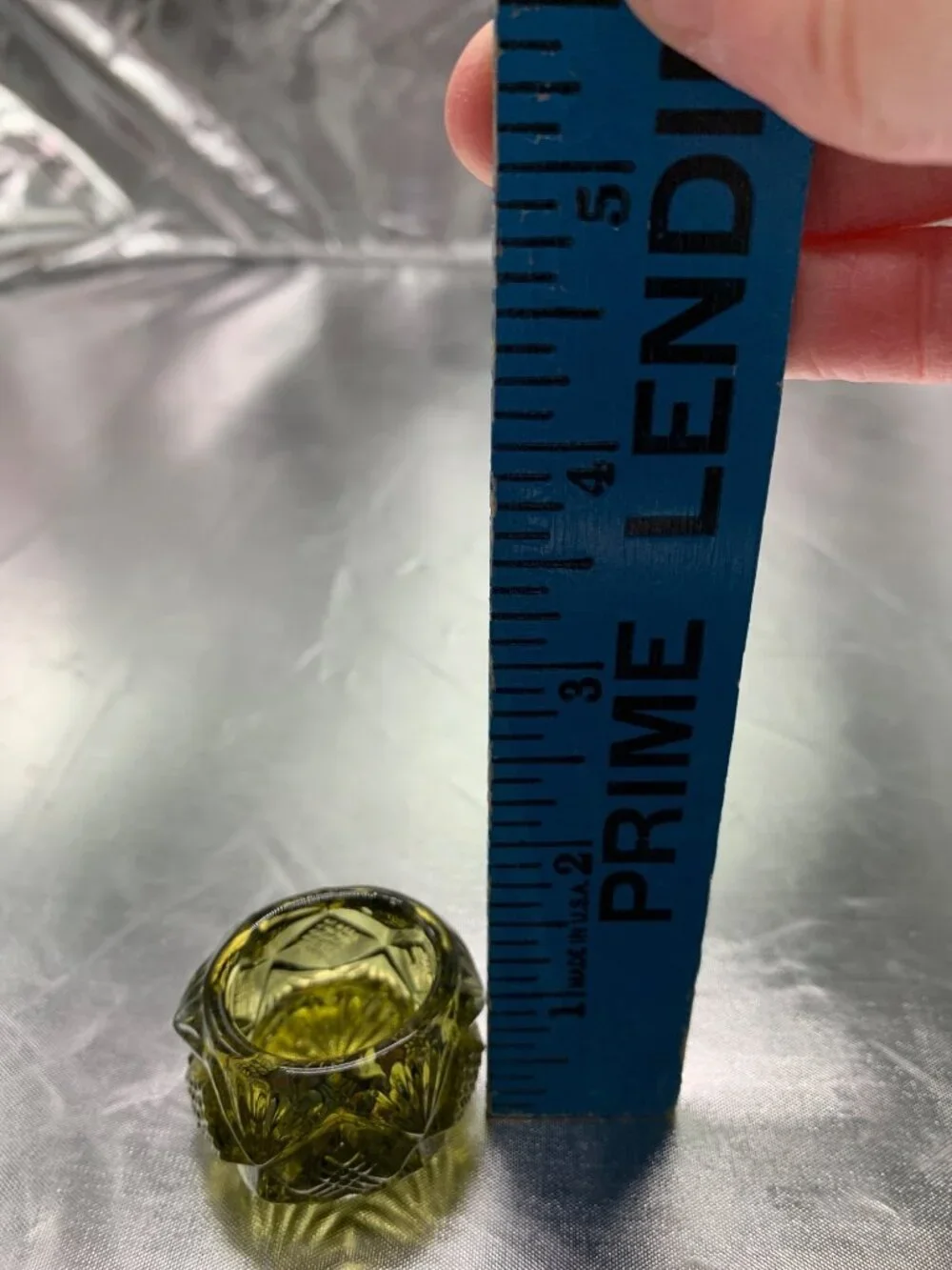 Vintage Olive Green Glass Salt Cellar Geometric Cut Pattern Design